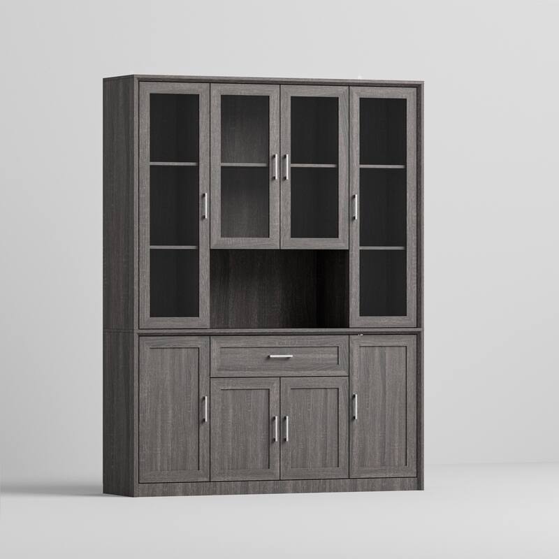 Modular Glass Door Bookcase Wall Unit with Storage Cabinets and Drawers, Dark Oak Display Hutch for Living Room or Home Office
