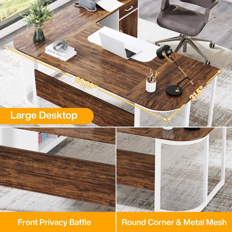 Large 63" L-Shaped Executive Office Desk with 31” File Cabinet