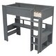 preview thumbnail 28 of 30, Full Size Loft Bed with Built-in Desk, LED Shelf Lighting, Charging Ports, and Storage Cabinet, Dark Gray Wood Frame