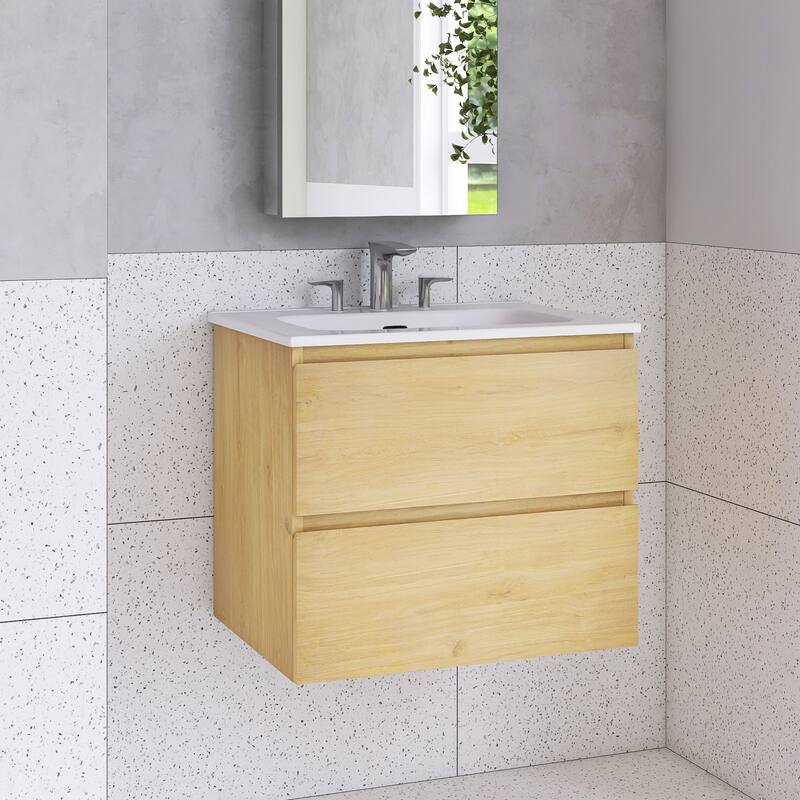 Floating Integrated Bathroom Vanity with Ceramic Sink, Three Faucet Holes