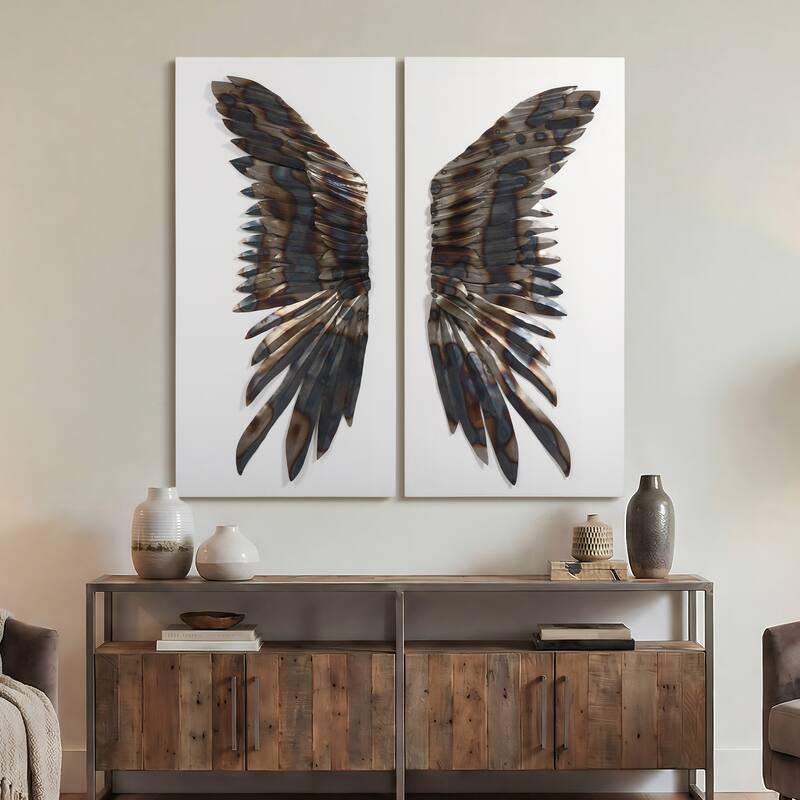 "The Wings" Primo Mixed Media Iron Wall Sculpture on Canvas - Diptych