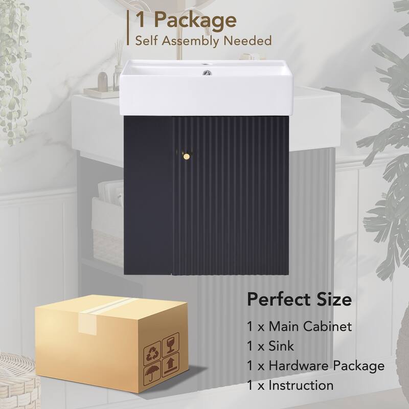 Floating Bathroom Vanity Cabinet with Sink & Left Side Storage, Black - 21.6 Inch
