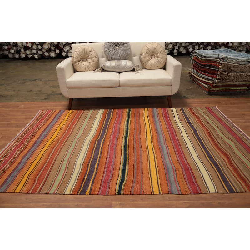 Hand Woven Oriental 100% Wool Carpet Southwestern Tribal Multi-Colored Kilim Area Rug - 8' 3'' X 5' 8''
