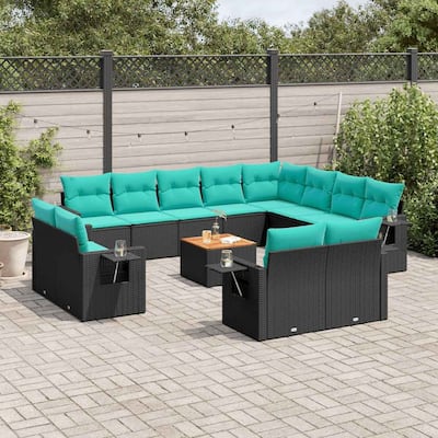 vidaXL 13 Piece Patio Sofa Set with Cushions Black Poly Rattan - 24.4" x 24.4" x 27.2"
