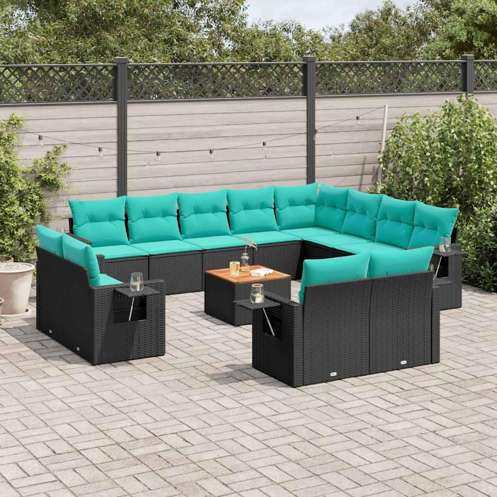 vidaXL 13 Piece Patio Sofa Set with Cushions Black Poly Rattan - 24.4" x 24.4" x 27.2"