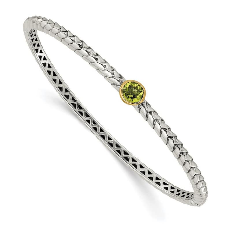 Curata 925 Sterling Silver Bezel Polished Box Catch Closure 14k Yellow 6mm Peridot Hinged Cuff Stackable Bangle Bracelet
