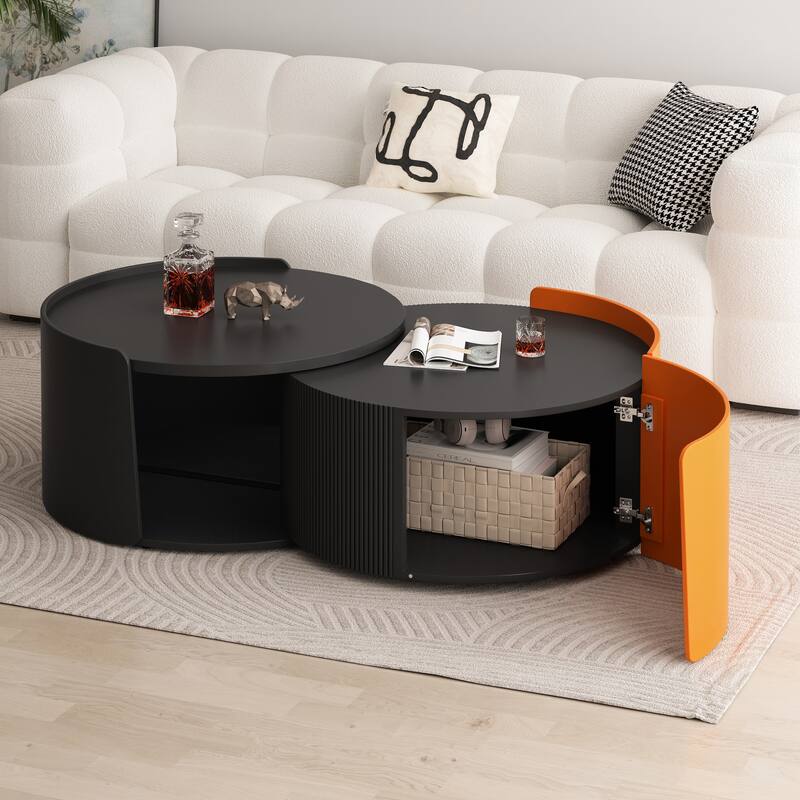 Anmytek Space Saving Round Nesting Coffee Table Extendable Sliding Top No Assembly Black