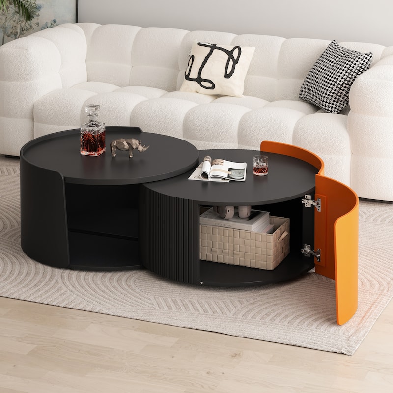 Modern Nesting Coffee Table Side Table with Retractable Sliding Tabletop and Storage Cabinet, for Living Room, Black