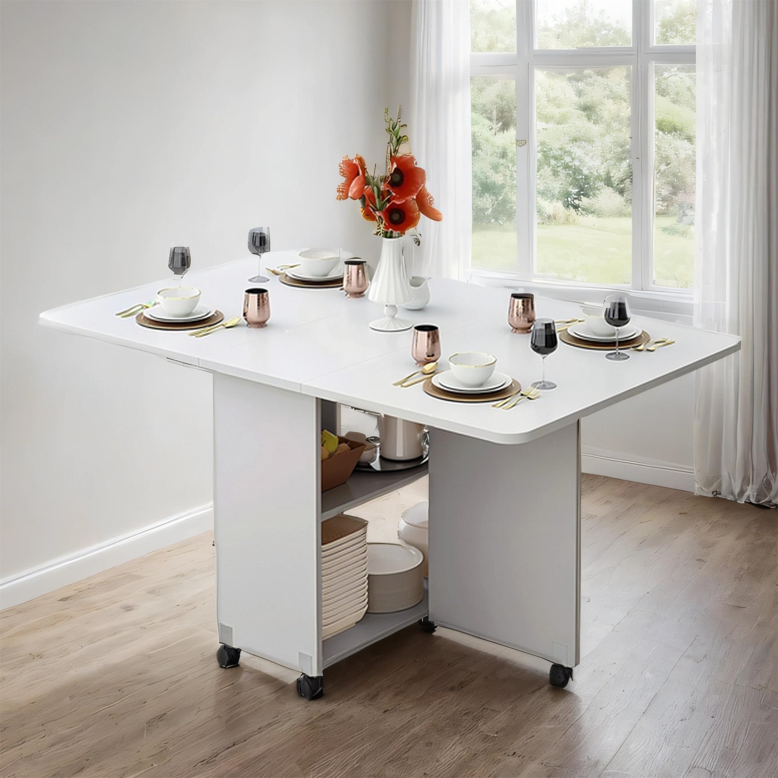 Convertible Folding Dining Table with 6 Casters, 2 Storage Shelves