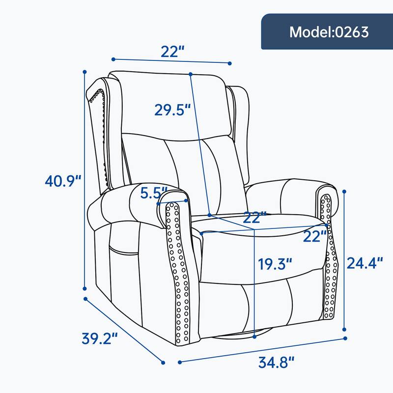 Genuine Leather Swivel Recliner Chair, Sofa Chair with Side Pockets, Manual Recliner Chair with Heat & Massage