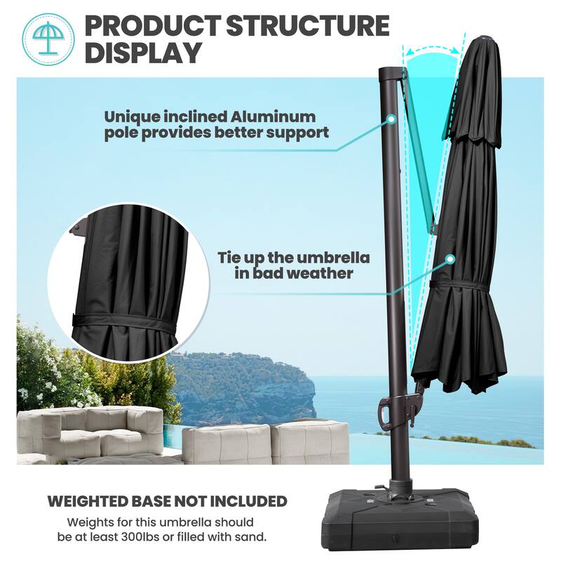 10 FT x 13 FT Outdoor Luxury Solar LED Patio Cantilever Umbrella With Base