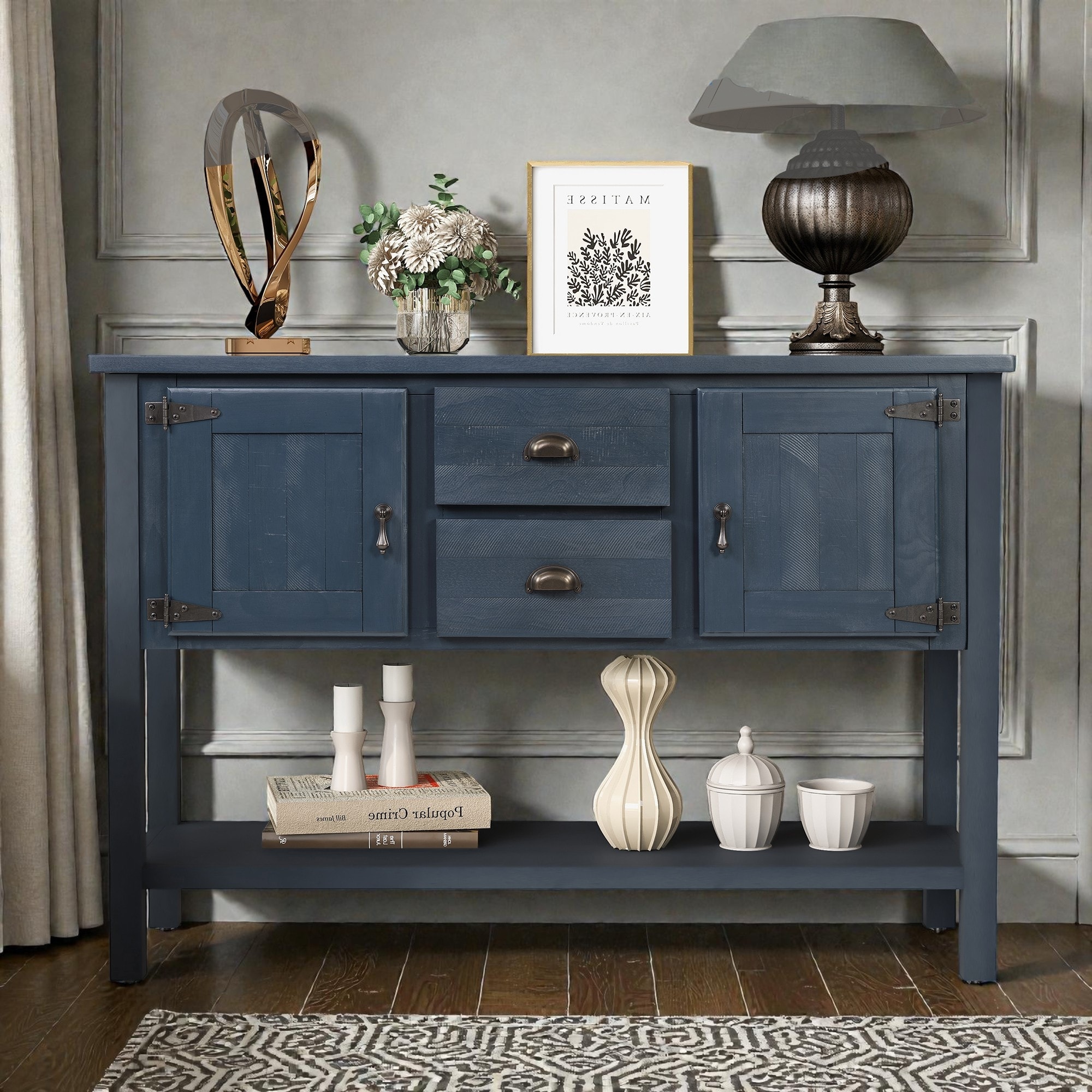 48" Solid Wood Sideboard Console Table with Drawers, Cabinets and Bottom Shelf, Retro Buffet Storage Cabinet