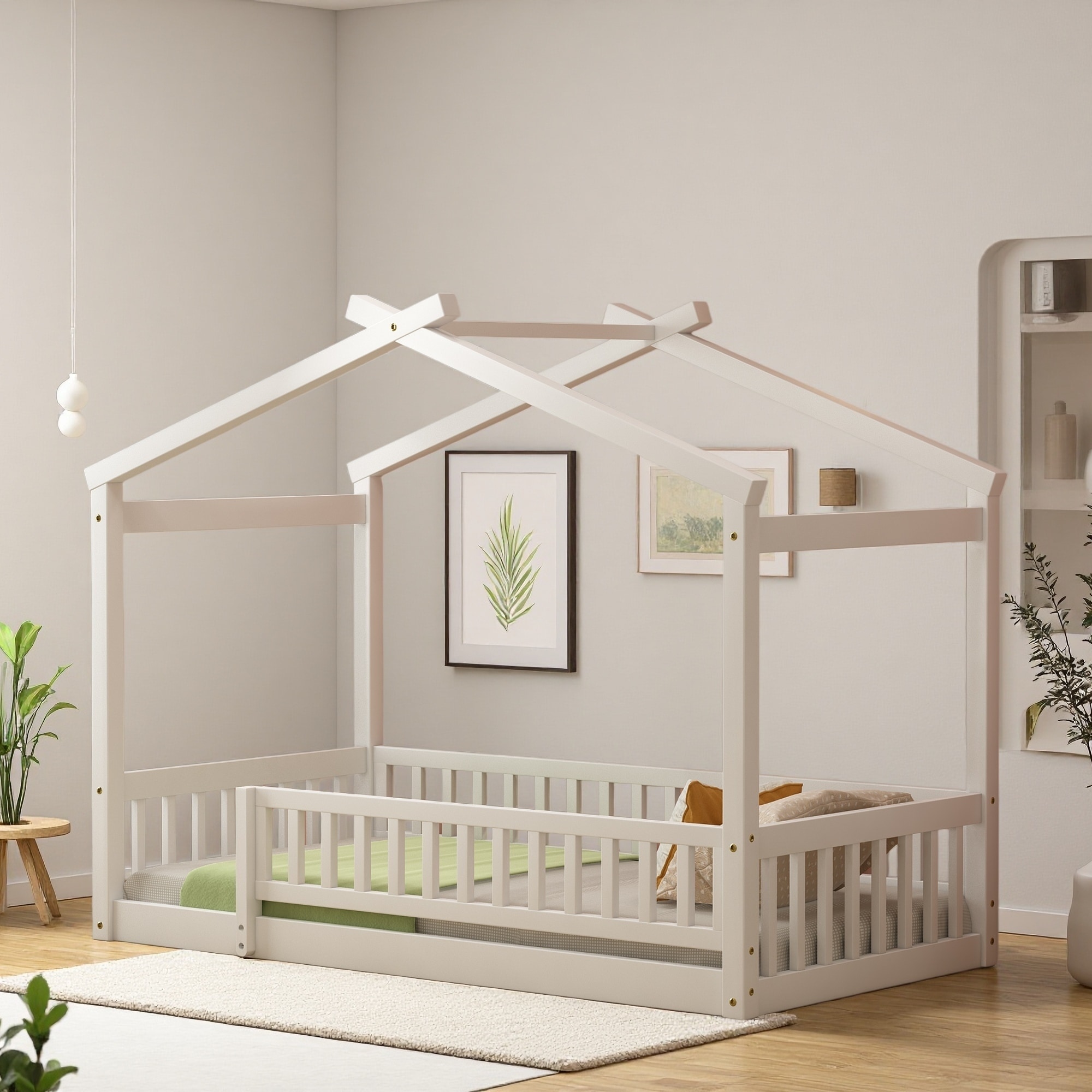 Wood House Canopy Bed Frame with Fence