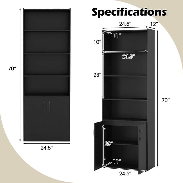 Engineered Wood Bookcase with Adjustable Shelves, 2-Door Cabinet and Anti-Tip Safety - 24.5" x 12" x 70" (L x W x H)