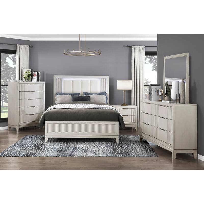 Queen Bed with LED Headboard and Upholstered Cushion, Reeded Fronts, Modern Bedroom Furniture - Antique White Finish