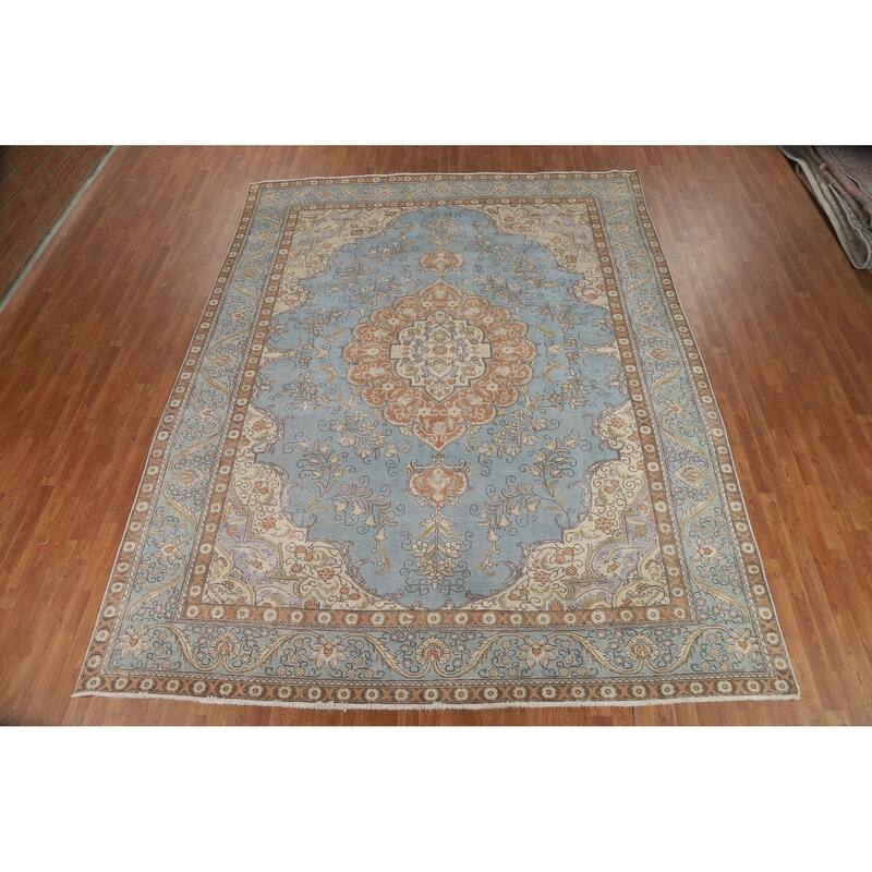 Light Blue Tabriz Persian Vintage Area Rug Handmade Wool Carpet - 9'10" x 12'7"