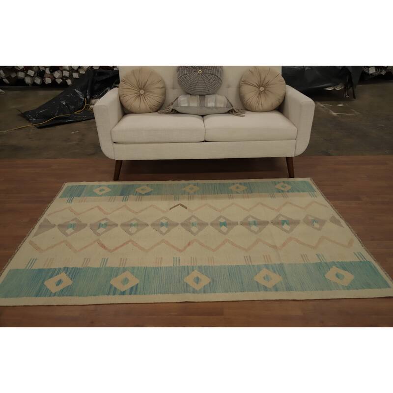 Hand Woven Oriental 100% Wool Carpet Southwestern Tribal Beige & Ivories Kilim Area Rug - 6' 6'' X 4' 6''