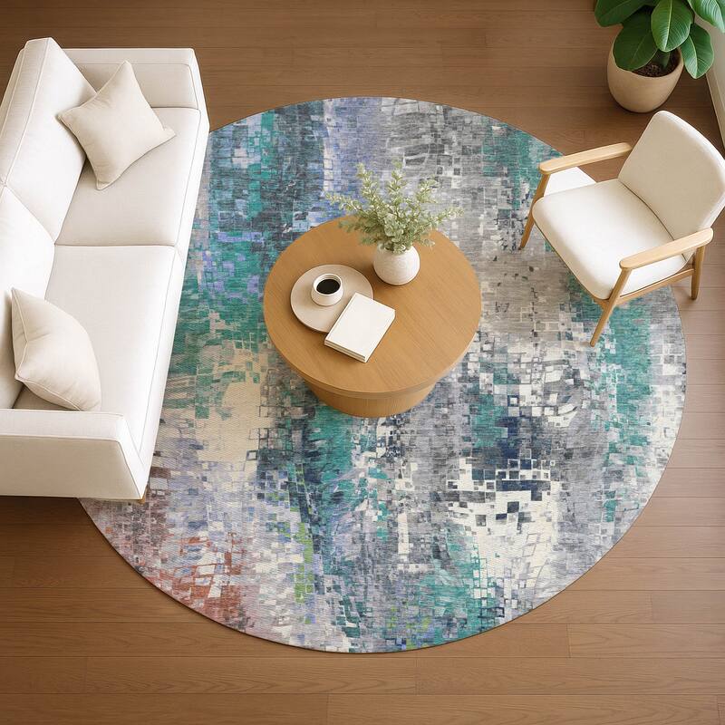 Machine Washable Indoor/ Outdoor Abstract Pixels Chantille Rug