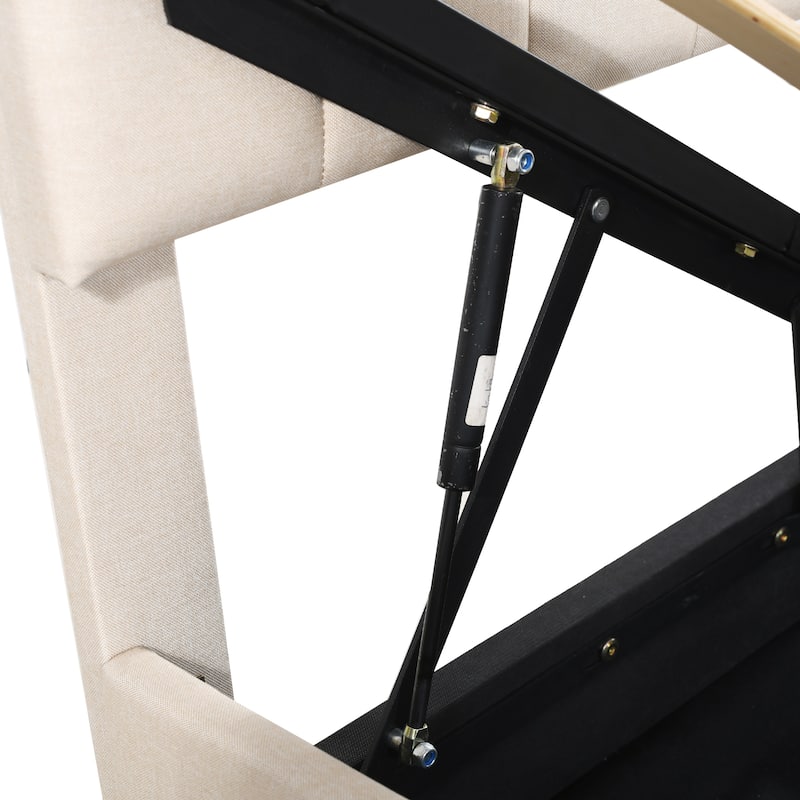 Beige Twin Size Upholstered Bed with Hydraulic Lift and Under-Bed Storage, Modern Design