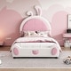 preview thumbnail 15 of 22, Twin Size Upholstered Bed Frame with Rabbit-Shaped Headboard, Cute Cartoon Faux Leather Platform Bed w/ Bed End Storage Pocket