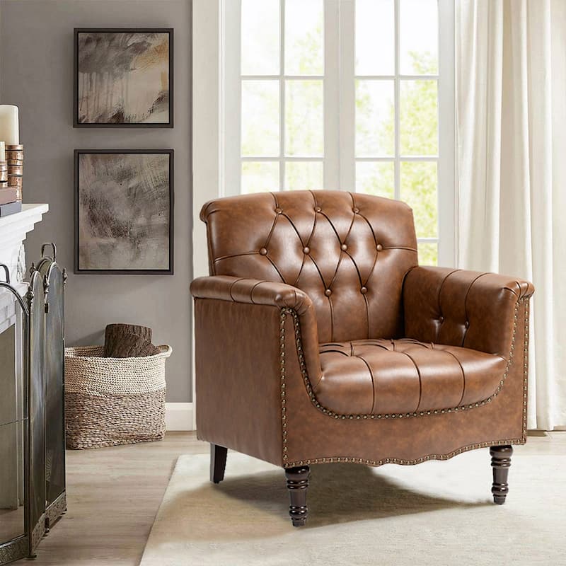 PU Leather Tufted Accent Chair with Nailhead Trim Armchair
