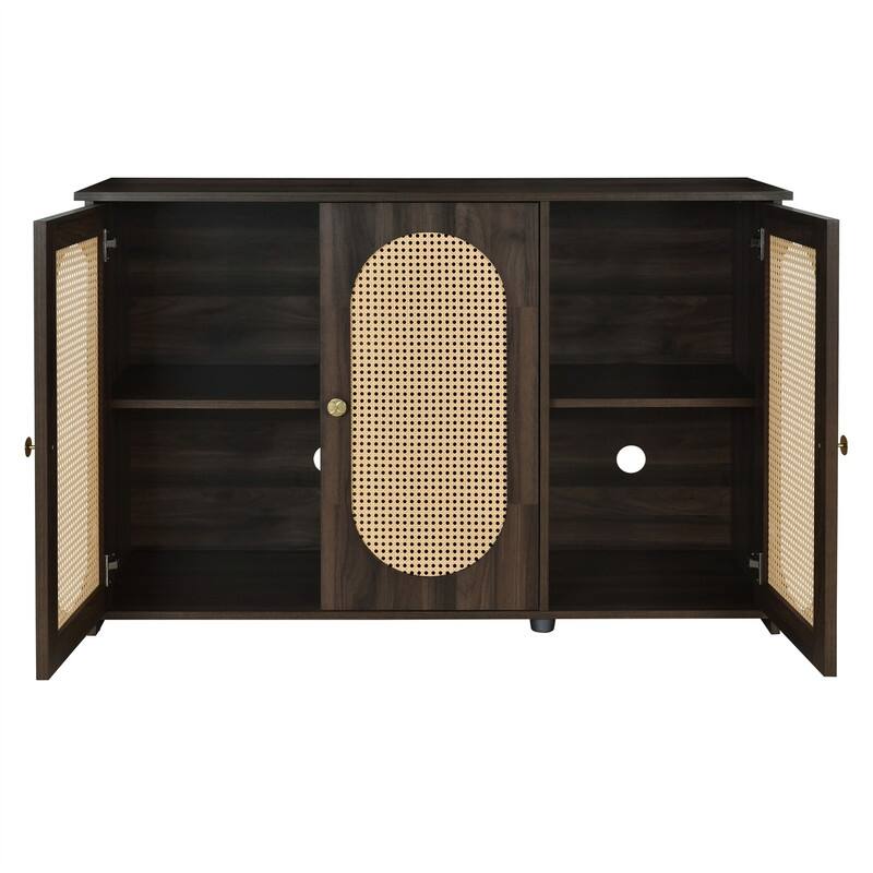 Retro 3-Door Sideboard with PVC Rattan Doors and Metal Handles, Buffet Cabinet Accent Storage Cabinet with Storage Shelves