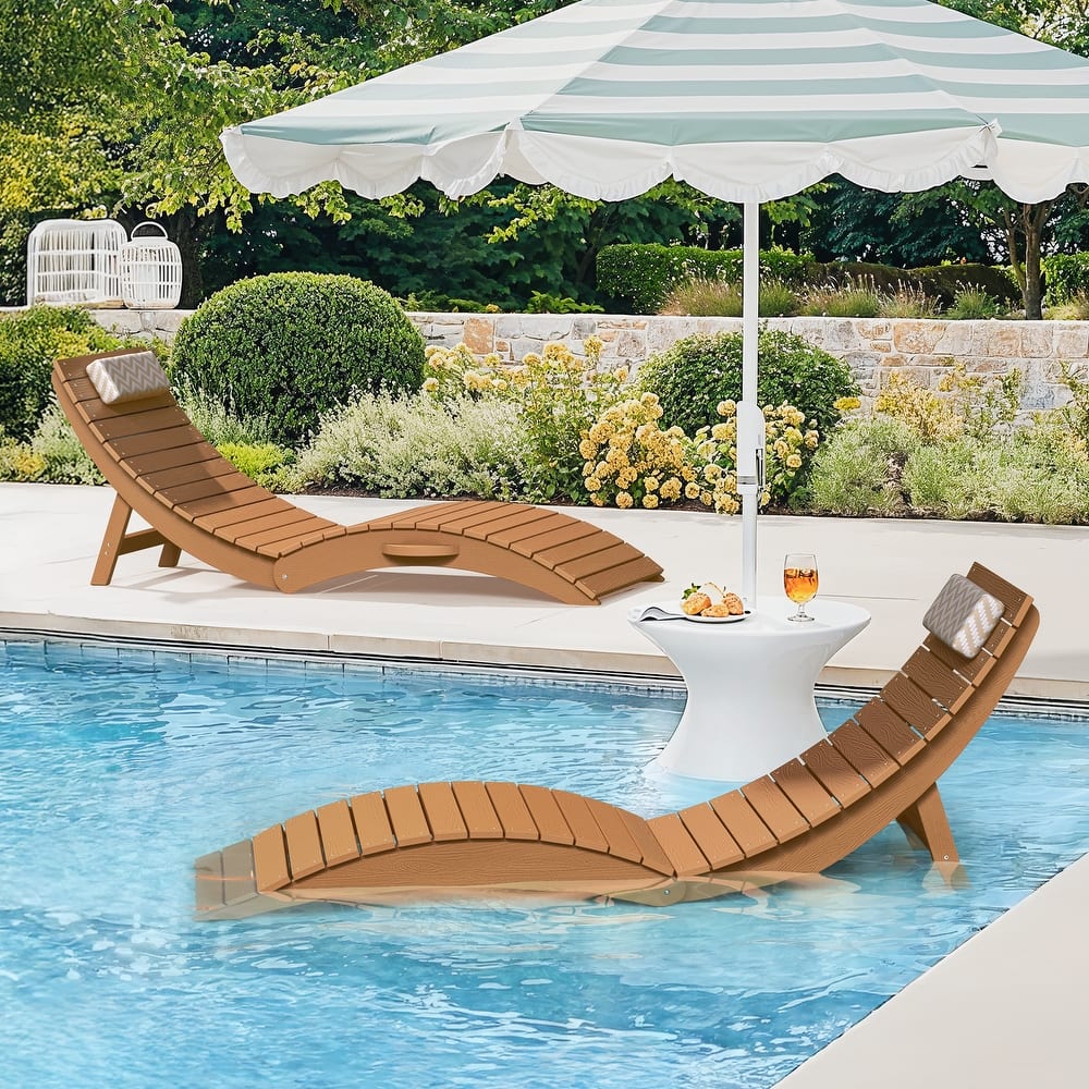 2-Piece Folding HDPS Plastic Outdoor Pool Chaise Lounges with Headrest Cushion