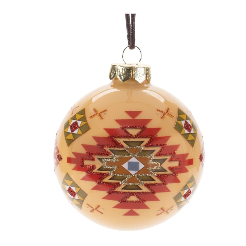 Set of 6 Western Style Christmas Tree Glass Ball Ornaments - 3.5" x 3.5" x 4" - Beige/Red