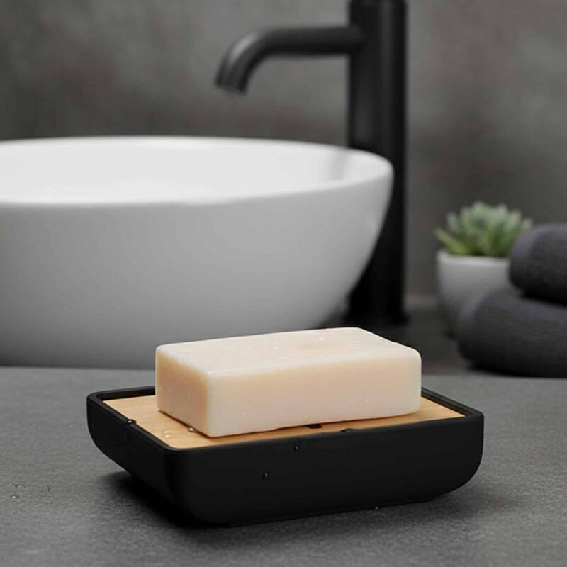 Minimalist Hand Soap Dish Rubber and Wood - 4.5 L x 3.1 W x 0.8 H