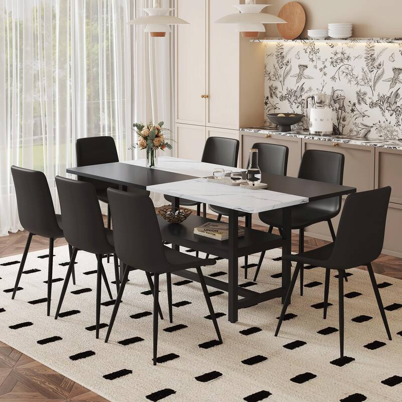 Leather Dining Chairs Accent Chairs with Metal Legs, White Black Dining Table & Chairs Set Breakfast Nook - White Black
