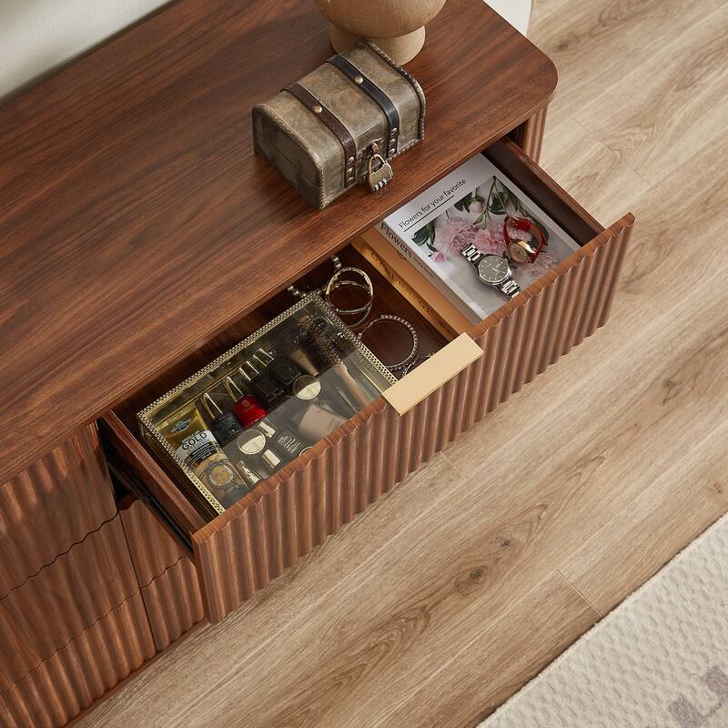 Anmytek 6 Drawer Dresser TV Stand 55 Inch Wide Modern Curved Wave Design Wood Dresser Organizer Walnut Finish