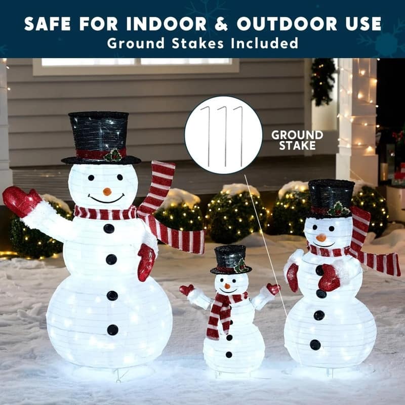 Joyfy 3Pcs 3D Christmas Collapsible Snowman Light with 270 White LED Lights