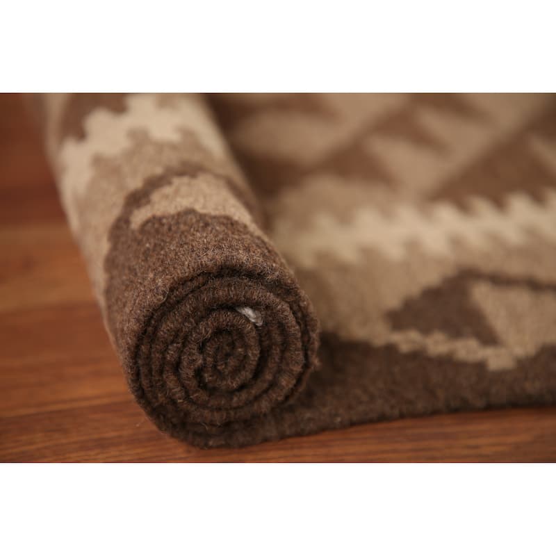 Brown Kilim Oriental Area Rug Flat-weave Wool Foyer Carpet - 3'2" x 4'9"