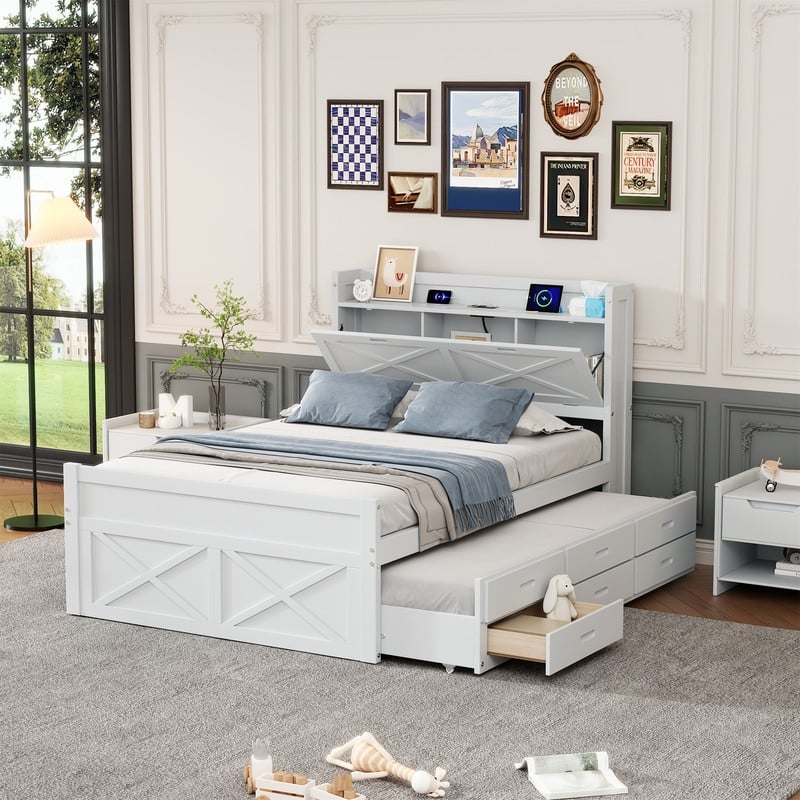 Wooden Platform Bed with Twin Size Trundle and 2 Drawers Underneath, Twin/Full Size Bed Frame with Storage Headboard and Outlets - White - Full