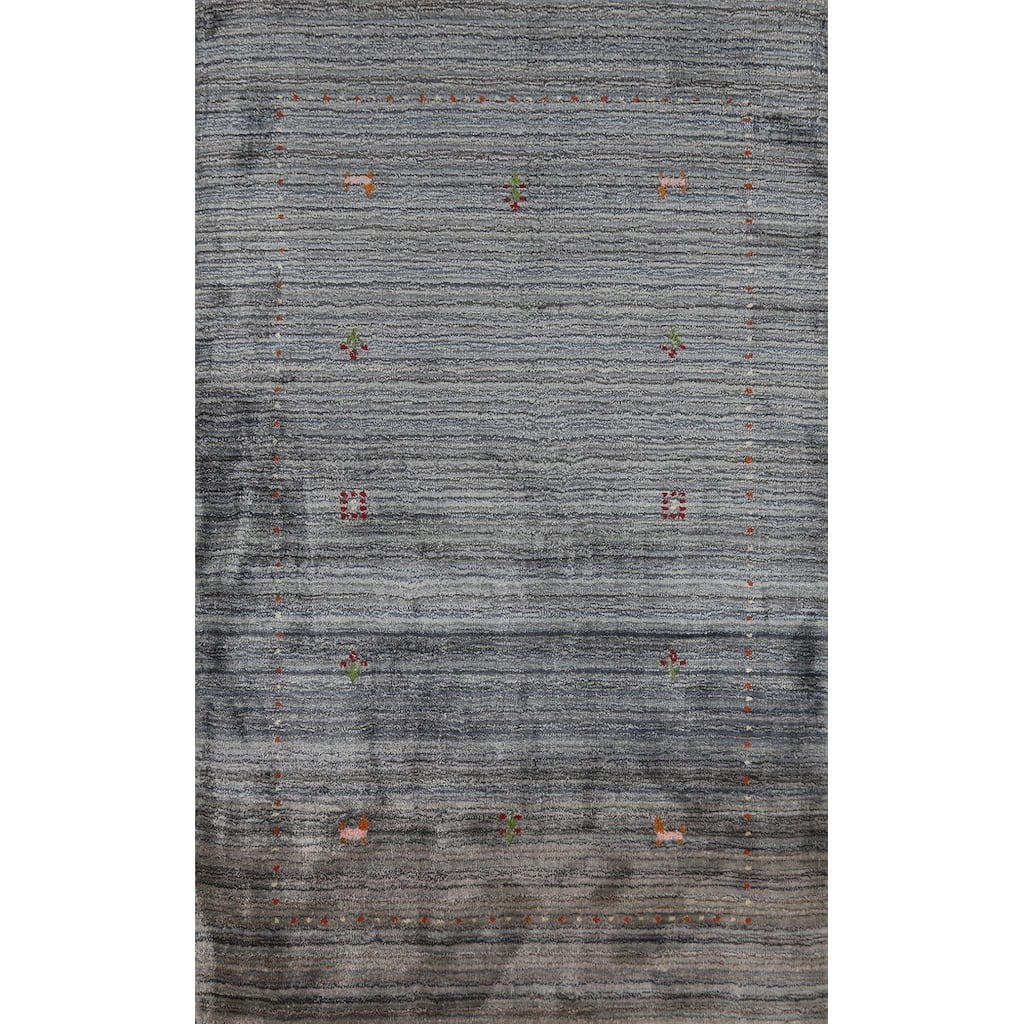 Navy Blue/ Gray Gabbeh Oriental Foyer Rug Hand-Knotted Wool Carpet - 3'0"x 4'10"