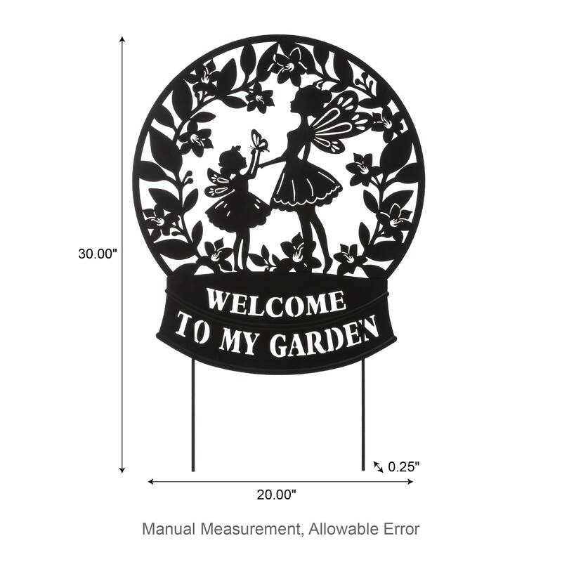 Glitzhome 30"H Multi-functional Metal Rabbit Flower Fairy Silhouette with Welcome Sign Garden Yardstake Wall Decor