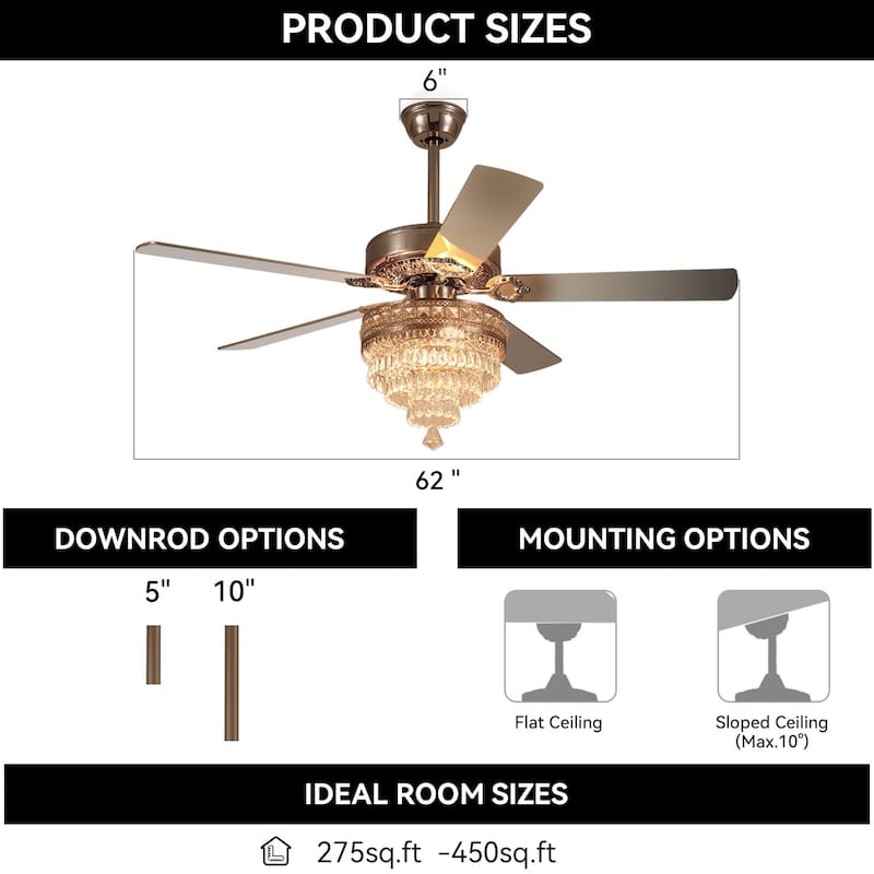 52" or 62" Crystal Ceiling Fan with Lights, Chandelier Ceiling Fans Lights with 6-Speed, APP Control, Dimmable, Timer