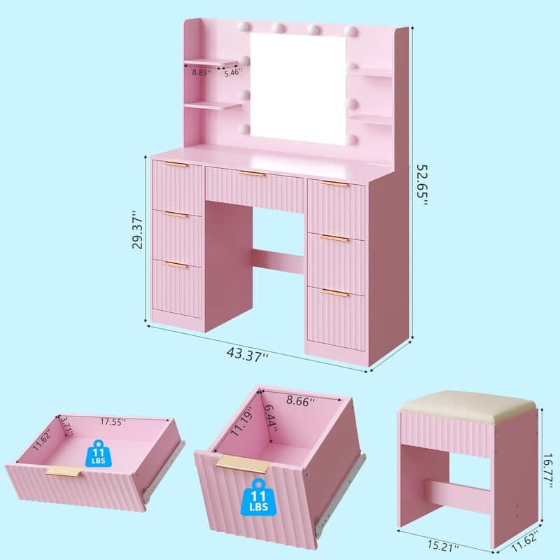Particle Board Laminated with Textured Melamine, 7-Drawer 4-Tier Shelf, with 10 Three-Color Dimmable Bulbs, Dressing Table Set