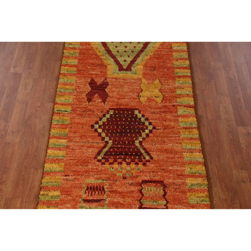Geometric Orange Moroccan Oriental Runner Rug Hand-Knotted Wool Carpet - 3'1" x 9'9"