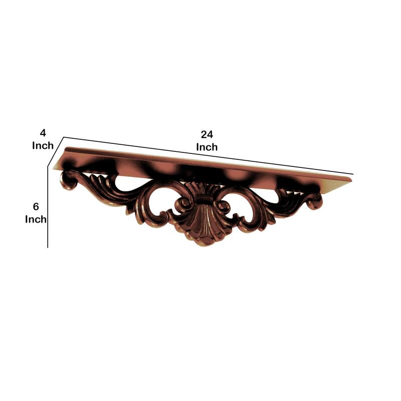 Hand Carved Wooden Wall Shelf with Floral Design Display, Brown