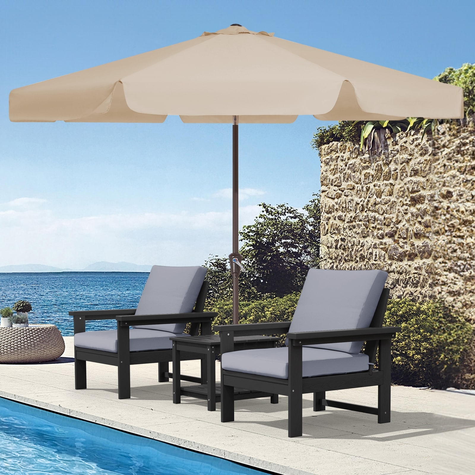 9ft patio umbrella frame ABCCANOPY 3 Tiers 8 Ribs OLEFIN 5-Year No Fading Black & Gray Stripe Enhance your outdoor experience with this premium canopy featuring a sturdy iron frame for reliable support Best Selection Tilt Patio Umbrellas