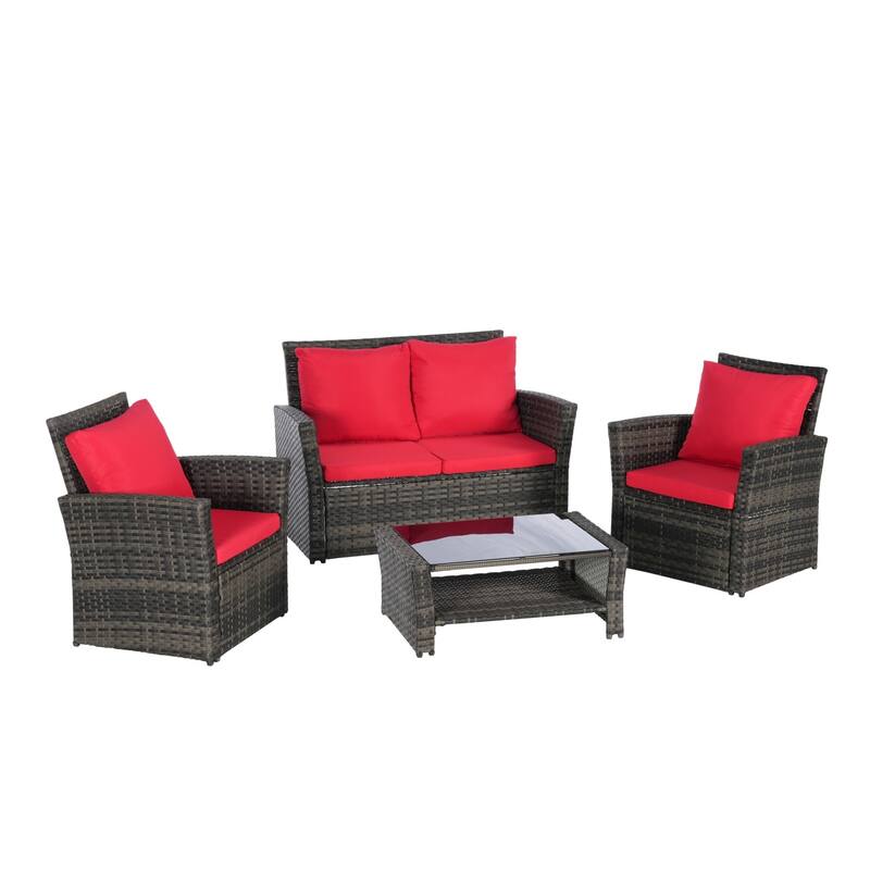 4-Piece Outdoor Grey Wicker Conversation Sofa Set with Coffee Table