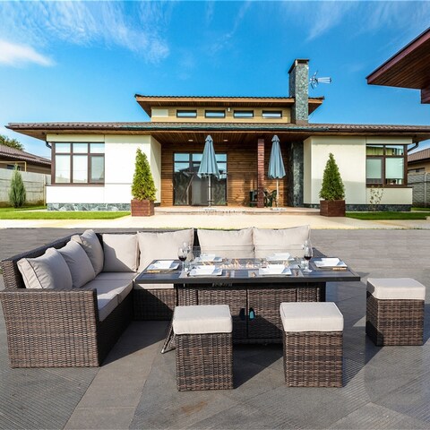 Novelty Patio L Shape Section Sofa with Rectangle Aluminum Firepit Table