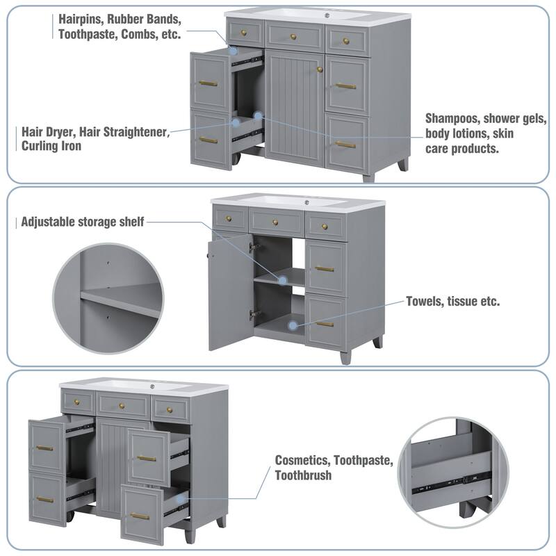36" Black Bathroom Vanity Cabinet with Single Sink, Soft-Close Door, 3 Drawers, Waterproof Resin Sink