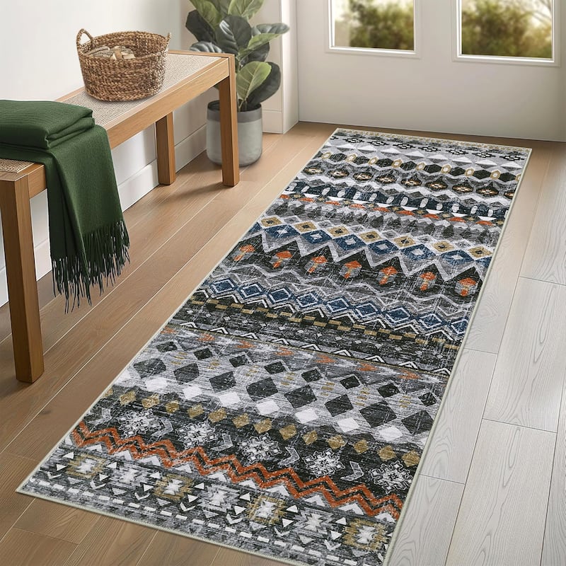 Garvee Boho Geo Low Pile Foldable Area Rug - 2' x 6' - Gray - Runner