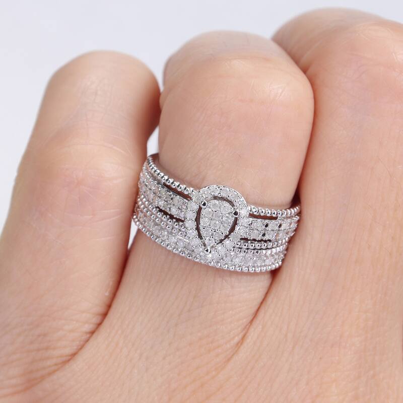 Miadora 1/3ct TDW Diamond Teardrop Clustered Multi-row Halo Bridal Ring Set in Sterling Silver