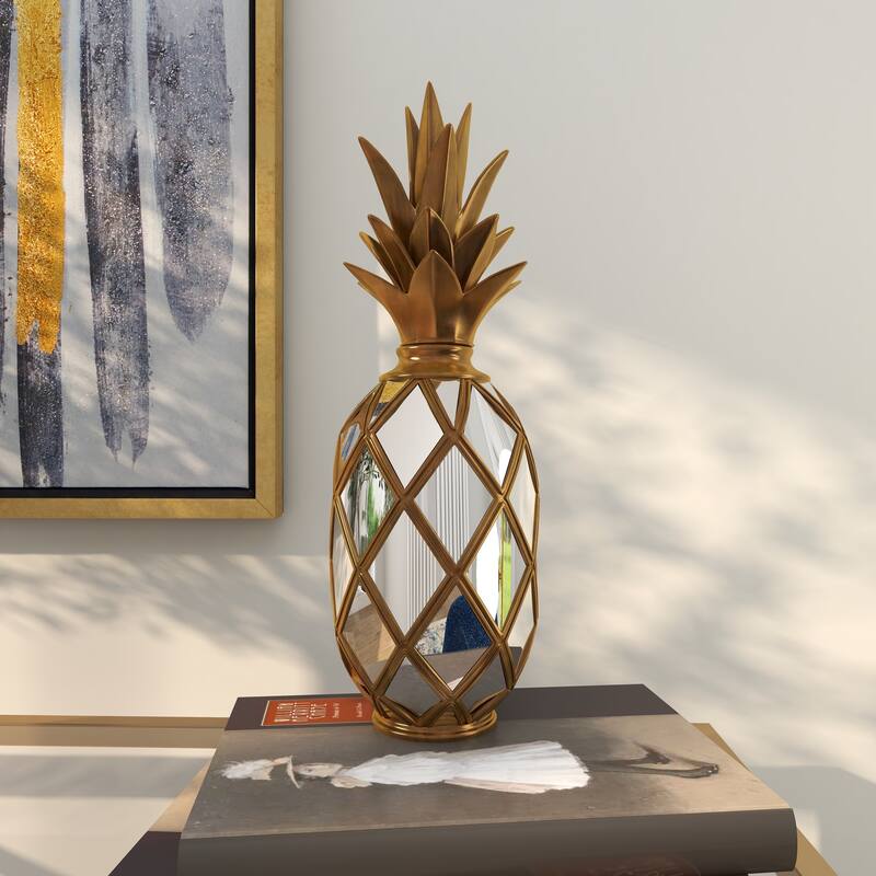 Gold Polystone Pineapple Fruit Decorative Sculpture with Mirror Accents