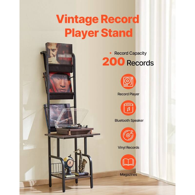 Black 5 Tiers Metal Record Player Stand with LED Light and USB Ports and Oxford Fabric Bags - 17.72" x 19.29" x 56.3"