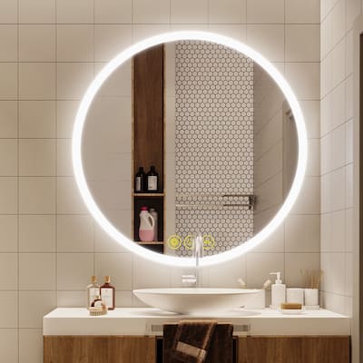 SmartReflect Modern 28" Round LED Dimmable Anti-Fog Frameless Bathroom Vanity Mirror - Clear
