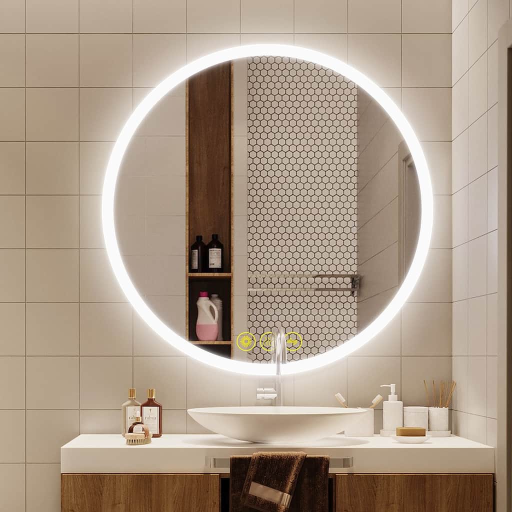 SmartReflect Modern 28" Round LED Dimmable Anti-Fog Frameless Bathroom Vanity Mirror - Clear